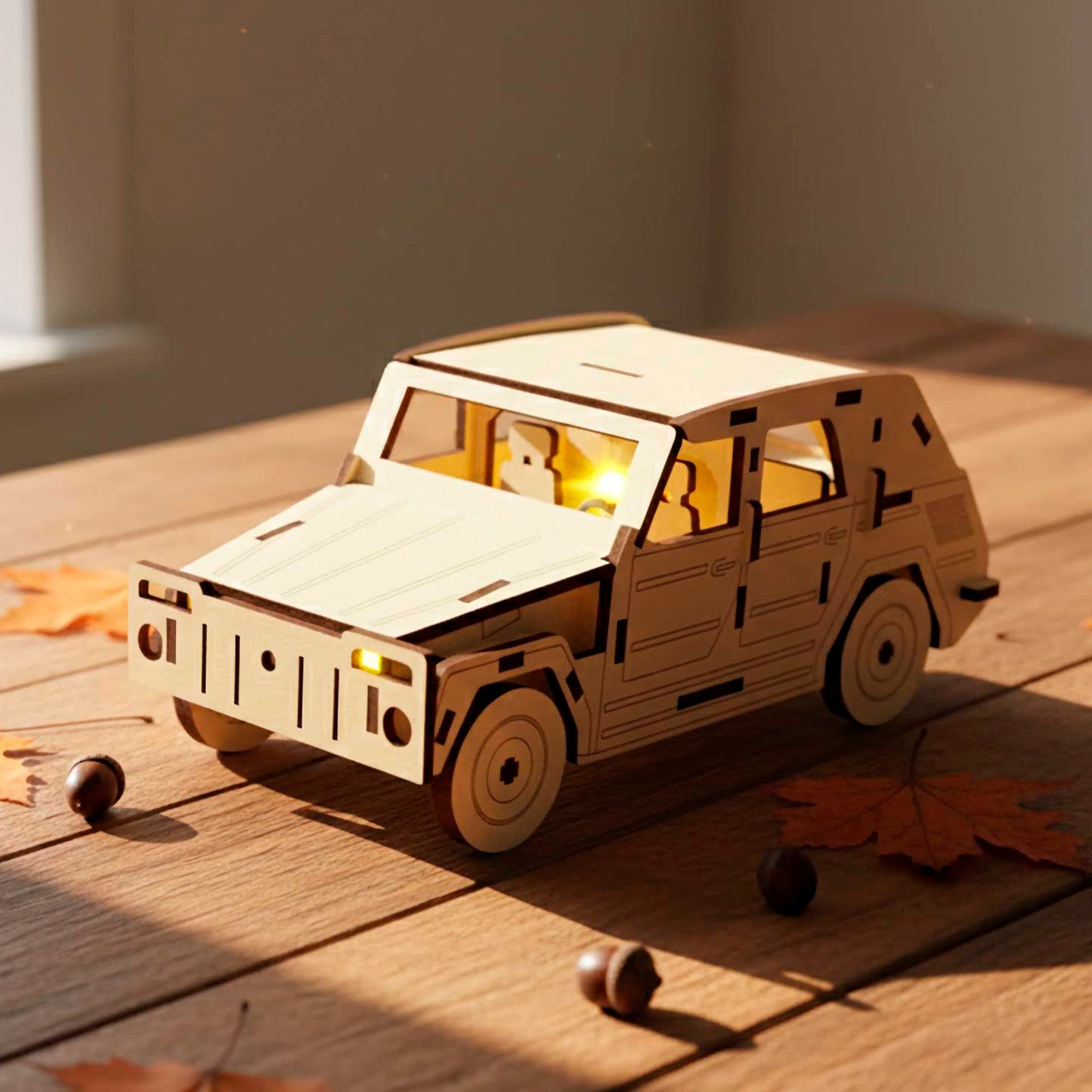 Laser cut wooden SUV model with a closed roof and glowing interior light. The detailed 3D puzzle car features engraved doors and wheels, resting on a wooden surface decorated with autumn maple leaves and small acorns.