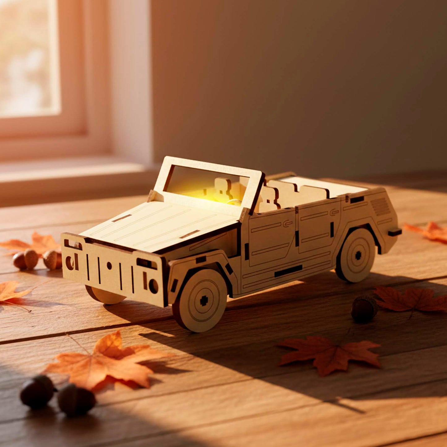 Laser cut wooden convertible SUV model with an open roof and warm interior lighting. The 3D wooden craft features detailed seating and a rugged front grille, placed on a wooden plank floor with fall leaves in soft sunlight