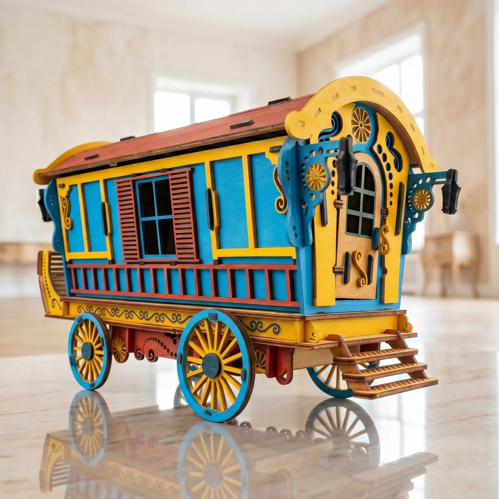Colorful laser cut  model of a gypsy caravan on a reflective surface