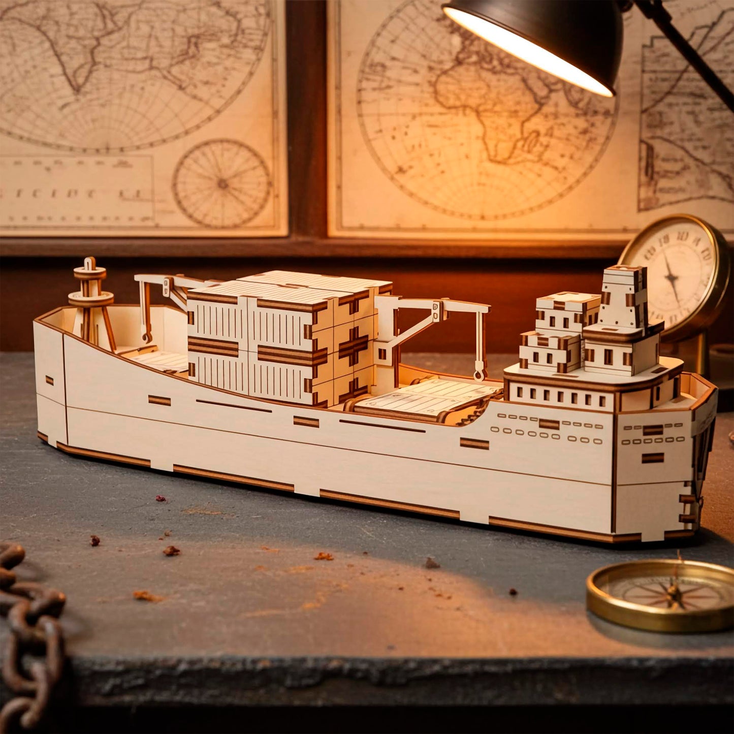A large, detailed light wooden plywood  laser cut model of a cargo container ship, resting on a dark, textured desk alongside an old compass and chain, with vintage nautical maps visible on the wall in the background.