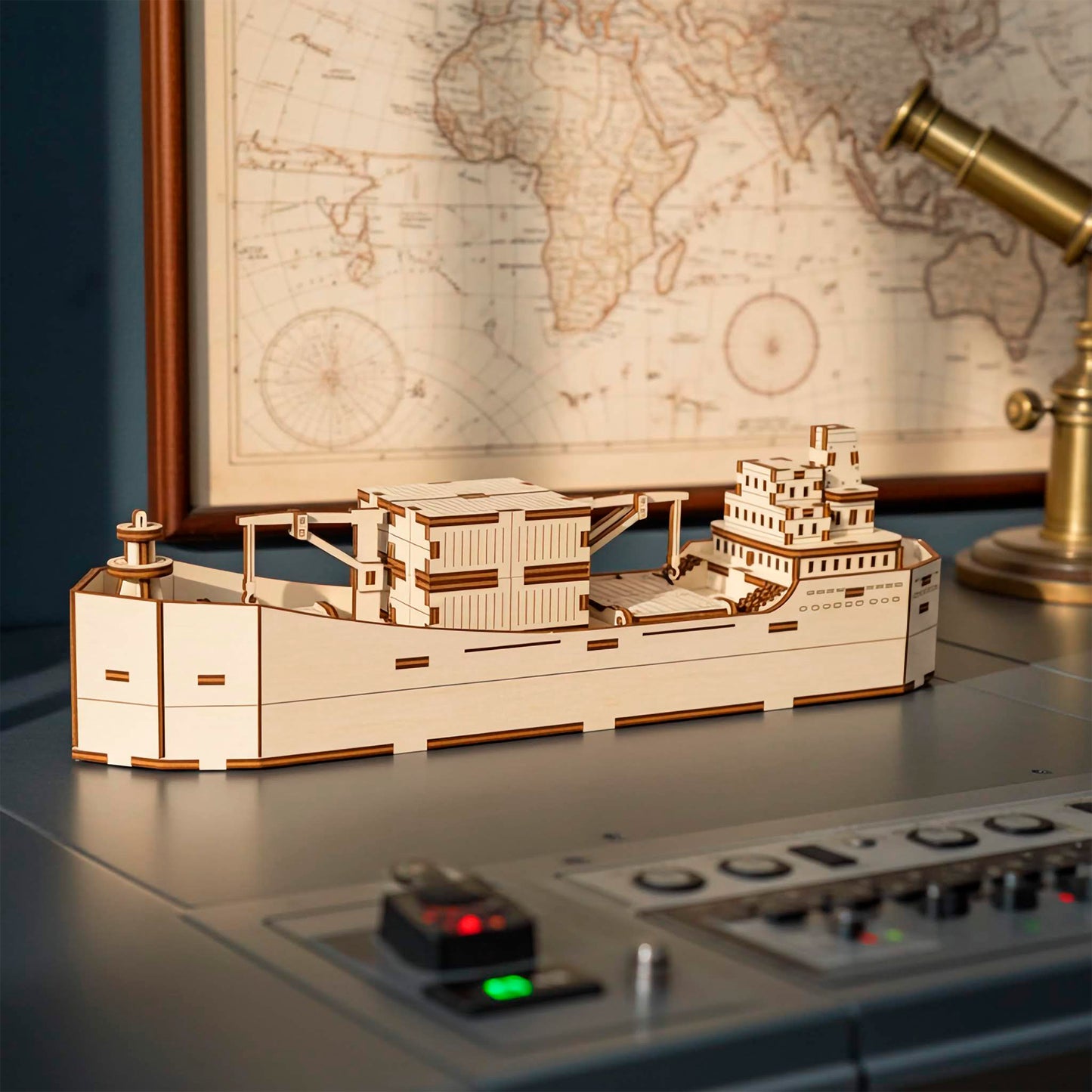 A light wooden plywood laser cut model of a modern container ship with detailed cargo boxes on deck, displayed on a futuristic control panel or desk with illuminated buttons, with a framed vintage world map and telescope visible in the background