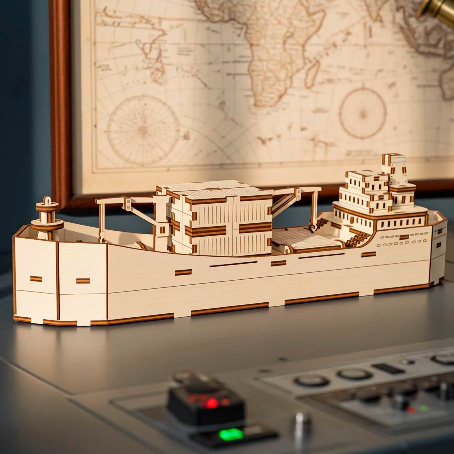 A light wooden plywood laser cut model of a modern container ship with detailed cargo boxes on deck, displayed on a futuristic control panel or desk with illuminated buttons, with a framed vintage world map and telescope visible in the background