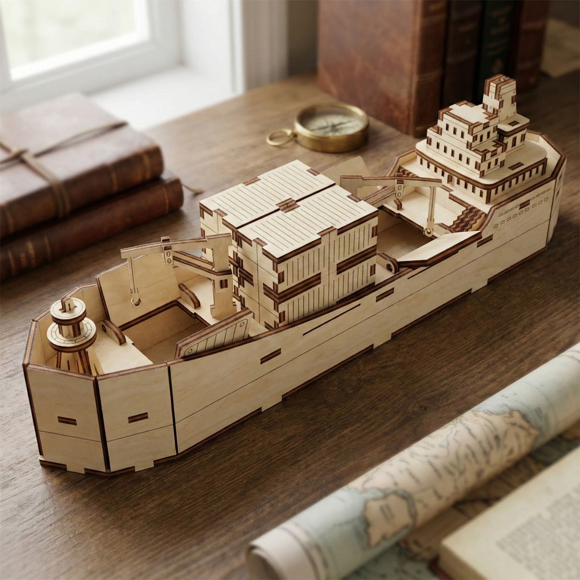 Wooden laser cut ship model on a wooden surface with books in the background