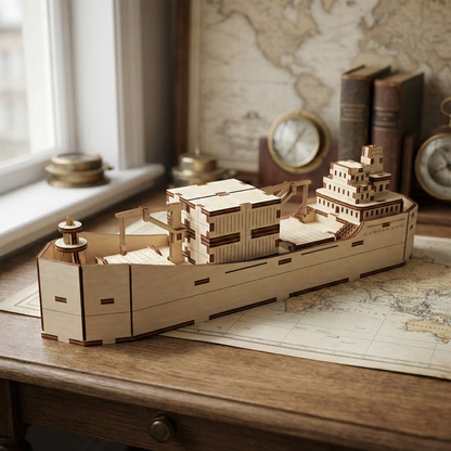 Wooden laser cut ship model on a wooden surface with a world map in the background