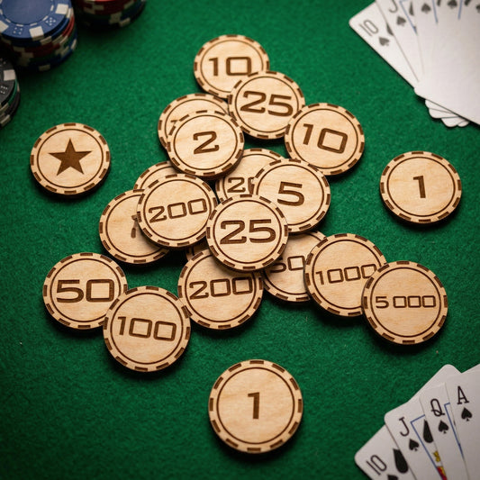 A pile of laser-cut wooden casino tokens with engraved denominations from 1 to 5000 and a star icon. Shown on green felt with playing cards. Highlights the natural wood grain and dark laser-etched borders.