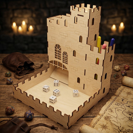 3/4 view of a laser cut plywood castle dice tower on a rustic wooden table. Includes etched portcullis details and multiple levels. Surrounded by a fantasy map, leather dice bags, and glowing candles in a tabletop gaming setting.