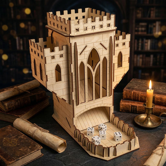 High-angle view of a medieval castle dice tower crafted from laser cut plywood. Shows the detailed gothic arches and interlocking wood joints. White six-sided dice are in the tray on a dark surface with antique library-themed props.