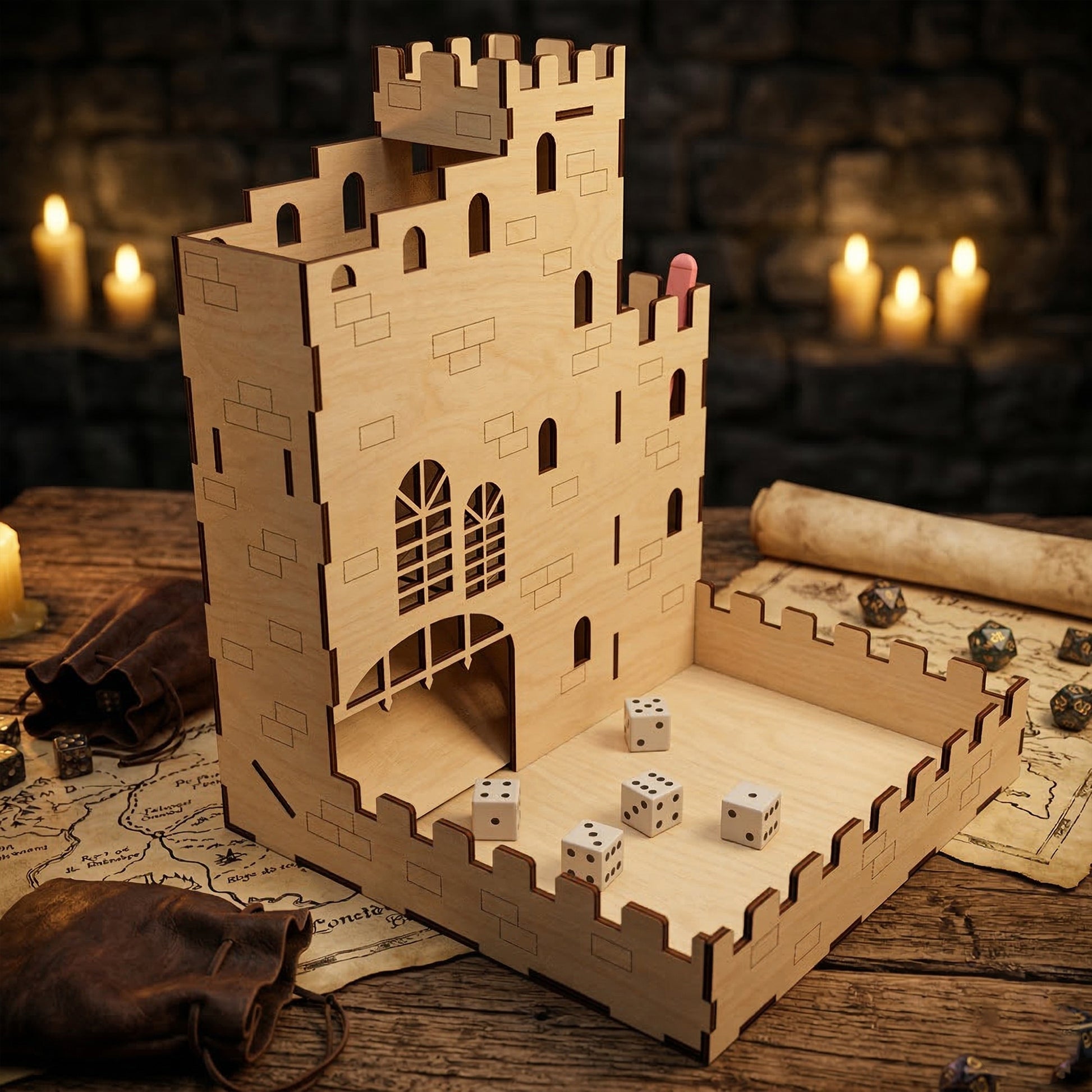 Side view of the laser cut plywood castle dice tower, highlighting the interlocking tab design and arched window cutouts. Natural light wood finish with dark edges. Positioned on an old world map with scattered RPG dice and candlelight.