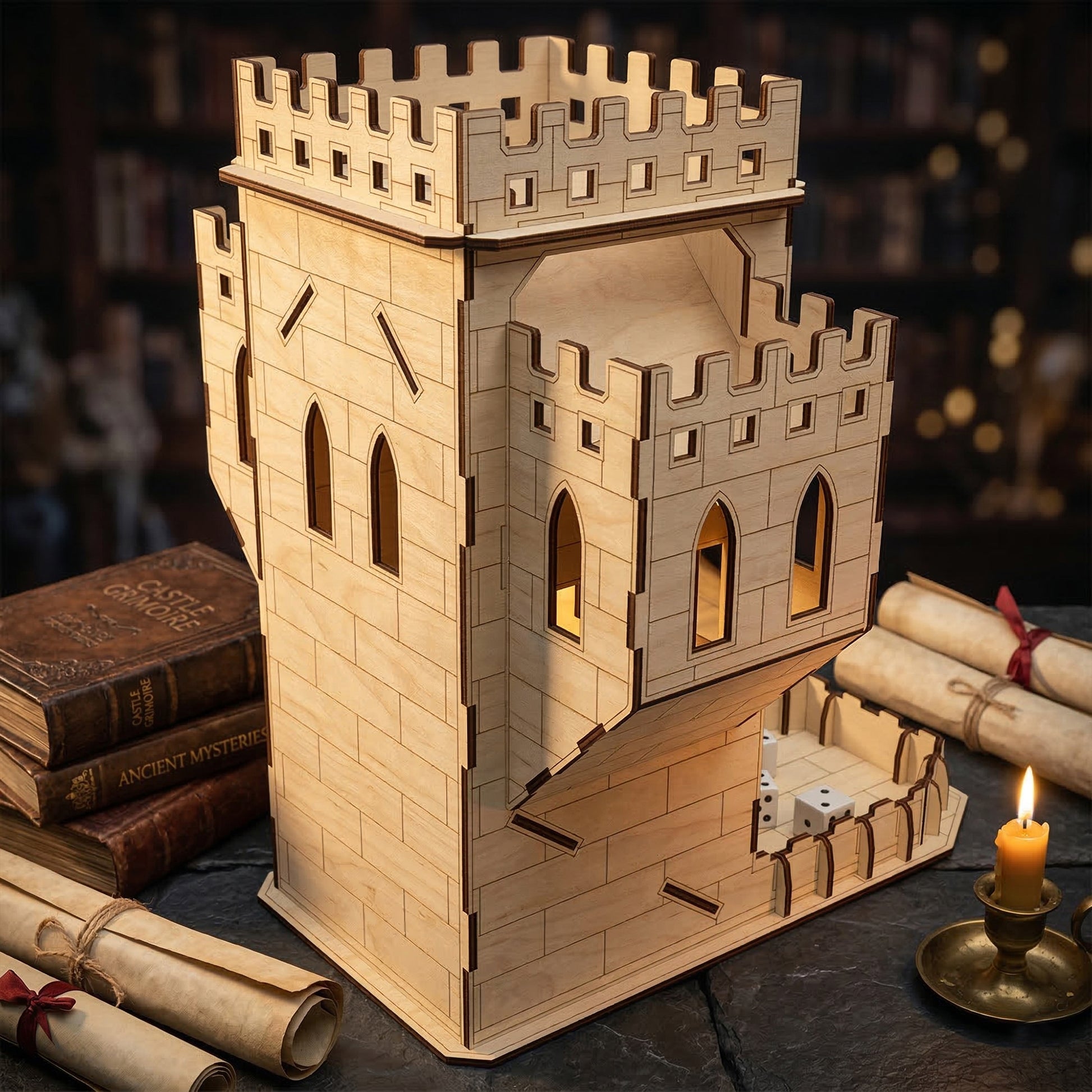 Profile view of a laser cut plywood castle dice tower showing the height and etched brick texture. The gothic design features tall arched windows and crenelated towers. Posed in a dark study with old leather books and rolled paper scrolls.