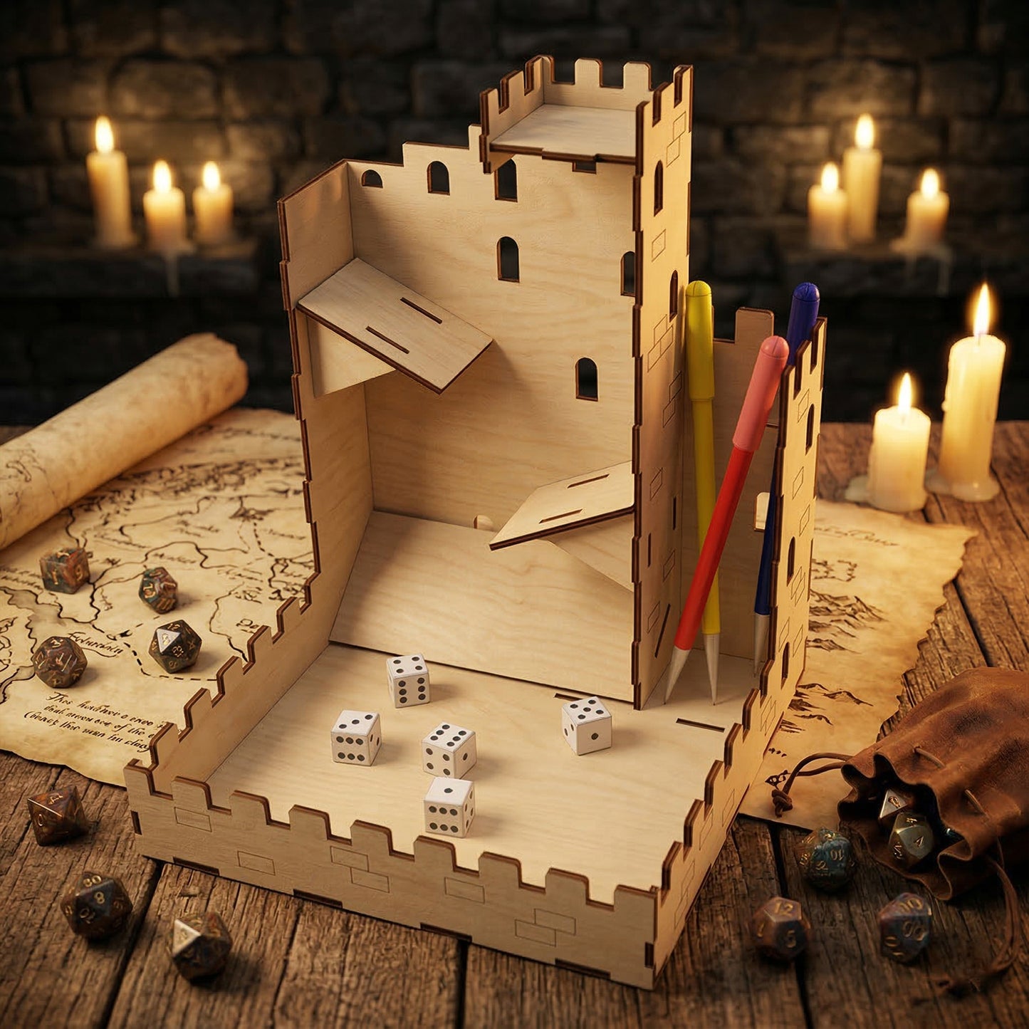 Rear open view of a laser cut plywood castle dice tower, showing internal angled ramps for randomizing rolls. Includes a dedicated pen storage compartment. Shown in a fantasy workshop setting with a map, dice, and leather accessories.