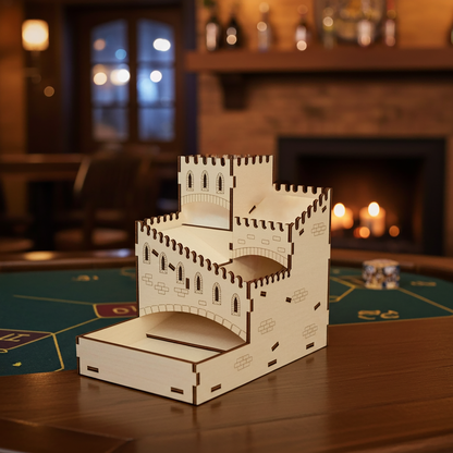 Wooden castle-shaped dice tower made with laser cutting, featuring arched windows and battlements, displayed on a gaming table in a warm, cozy room with a fireplace in the background
