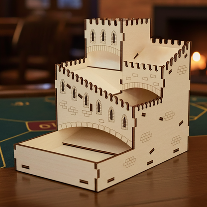 Wooden laser cut castle dice tower with medieval-style windows and battlements, placed on a gaming table in a cozy room with warm lighting and a fireplace in the background