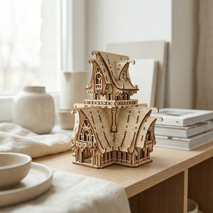 Wooden laser cut model of a house on a table with a neutral background
