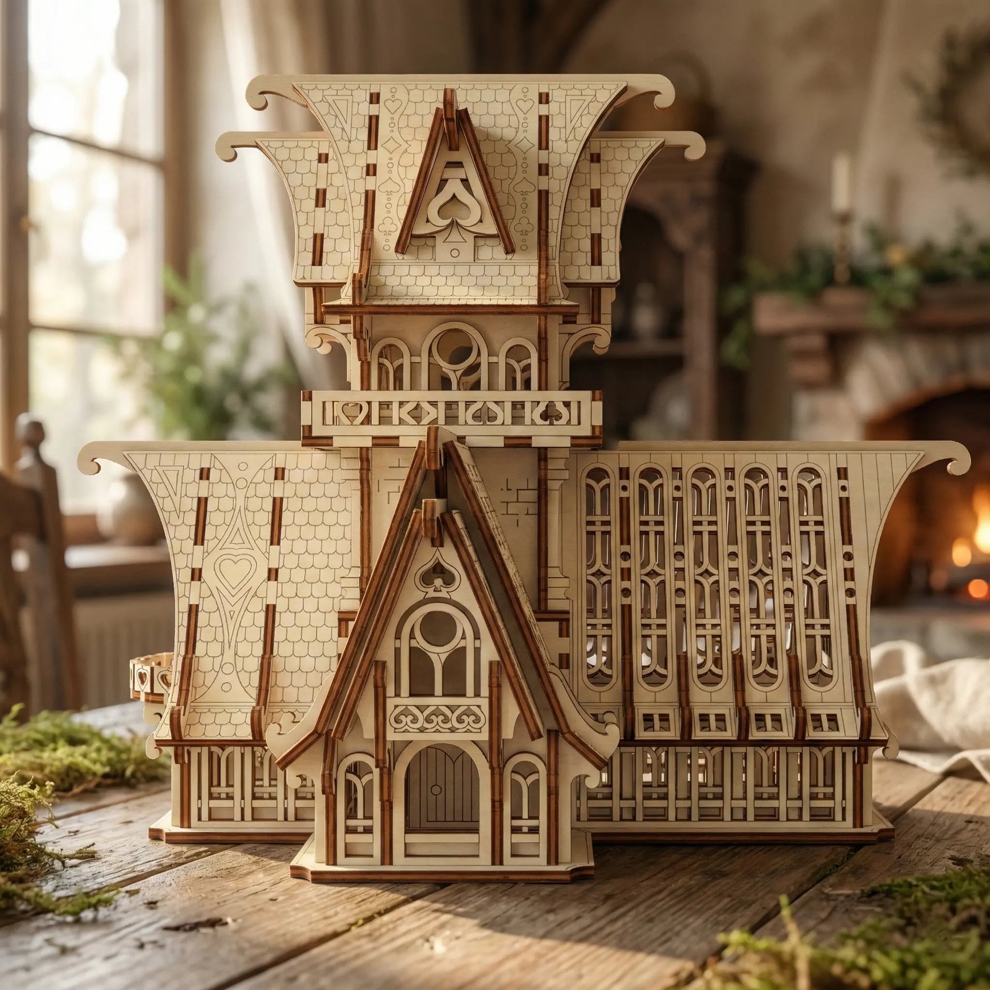 Wooden laser cut model of a detailed architectural structure on a wooden surface with a warm, indoor background.