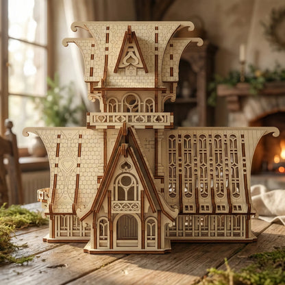 Wooden laser cut model of a detailed architectural structure on a wooden surface with a warm, indoor background.