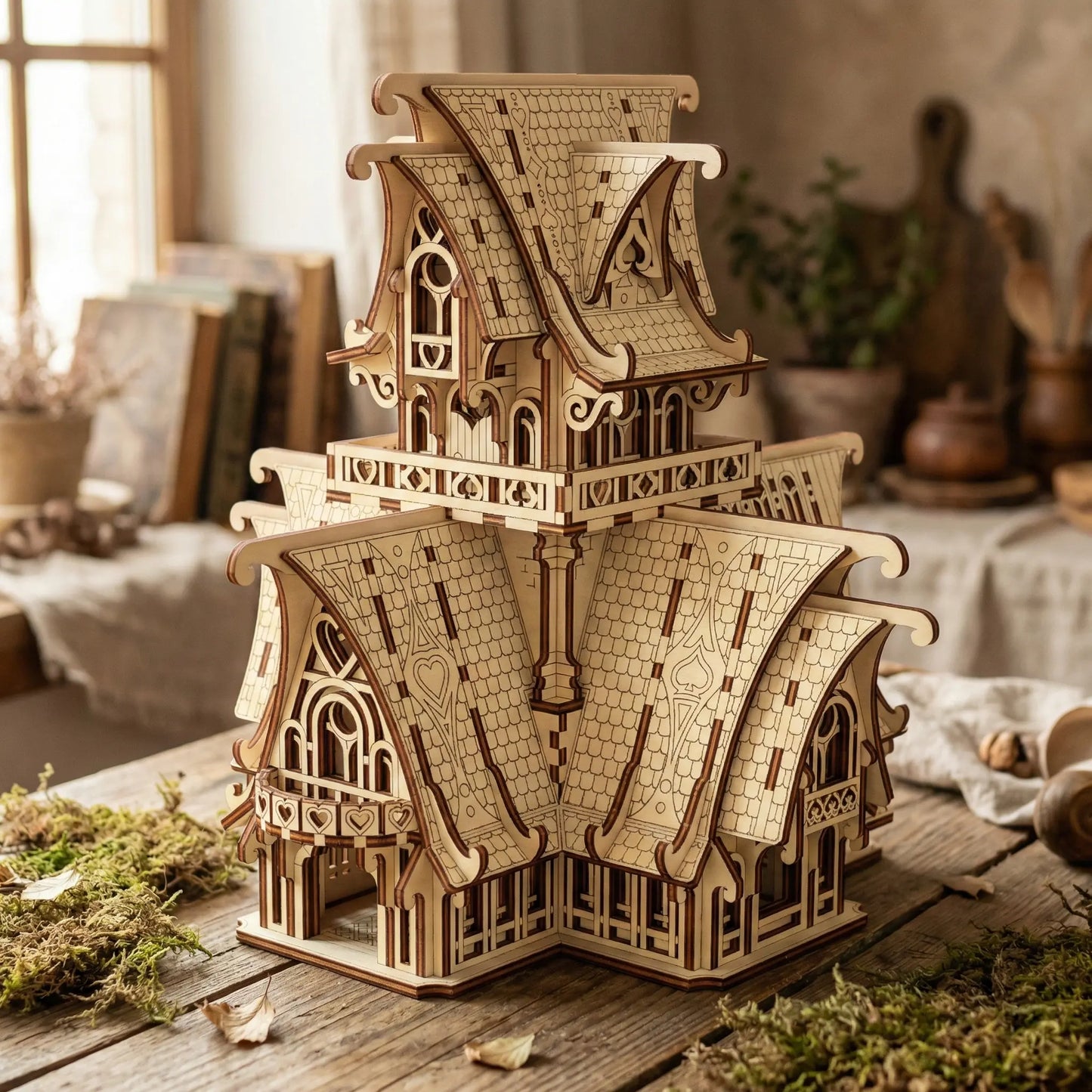 Wooden laser cut model of a card-style building on a wooden surface with a cozy indoor background.