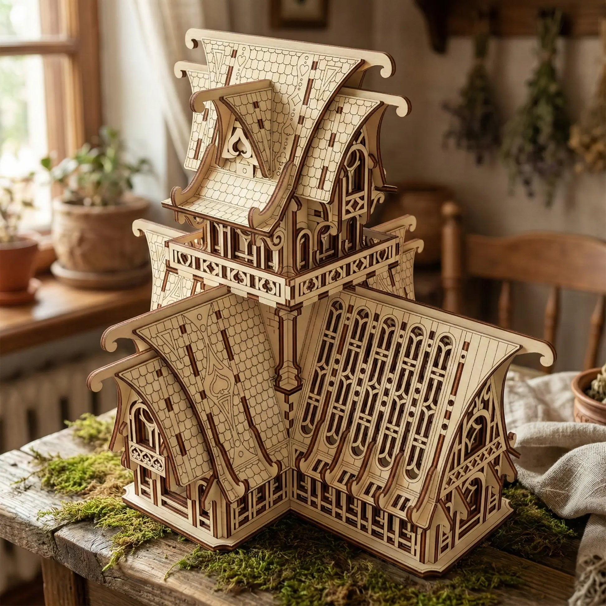 Wooden laser cut model of a gothic-style building on a rustic wooden surface with plants in the background.