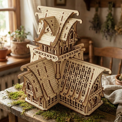 Wooden laser cut model of a gothic-style building on a rustic wooden surface with plants in the background.