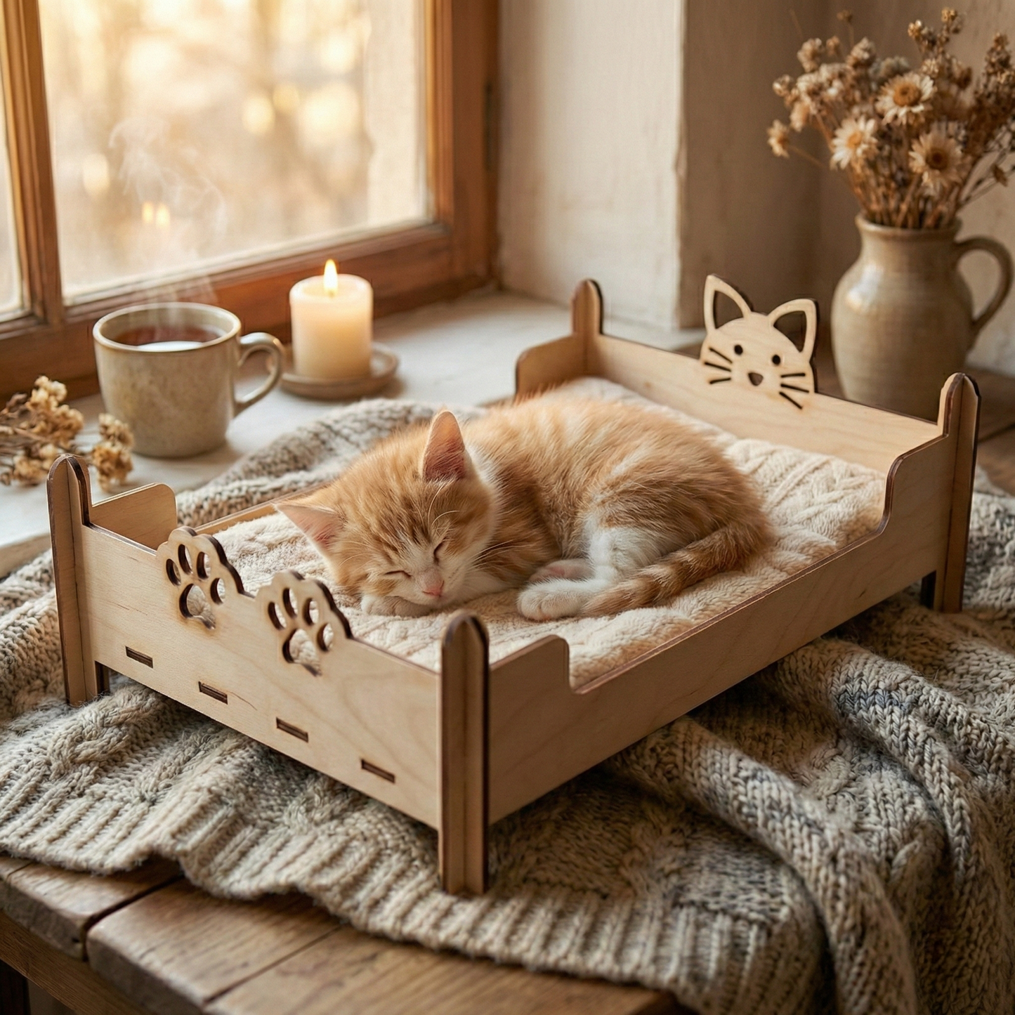 Cat lying on a small wooden laser cut bed with a cozy setting including a cup of coffee and candles.