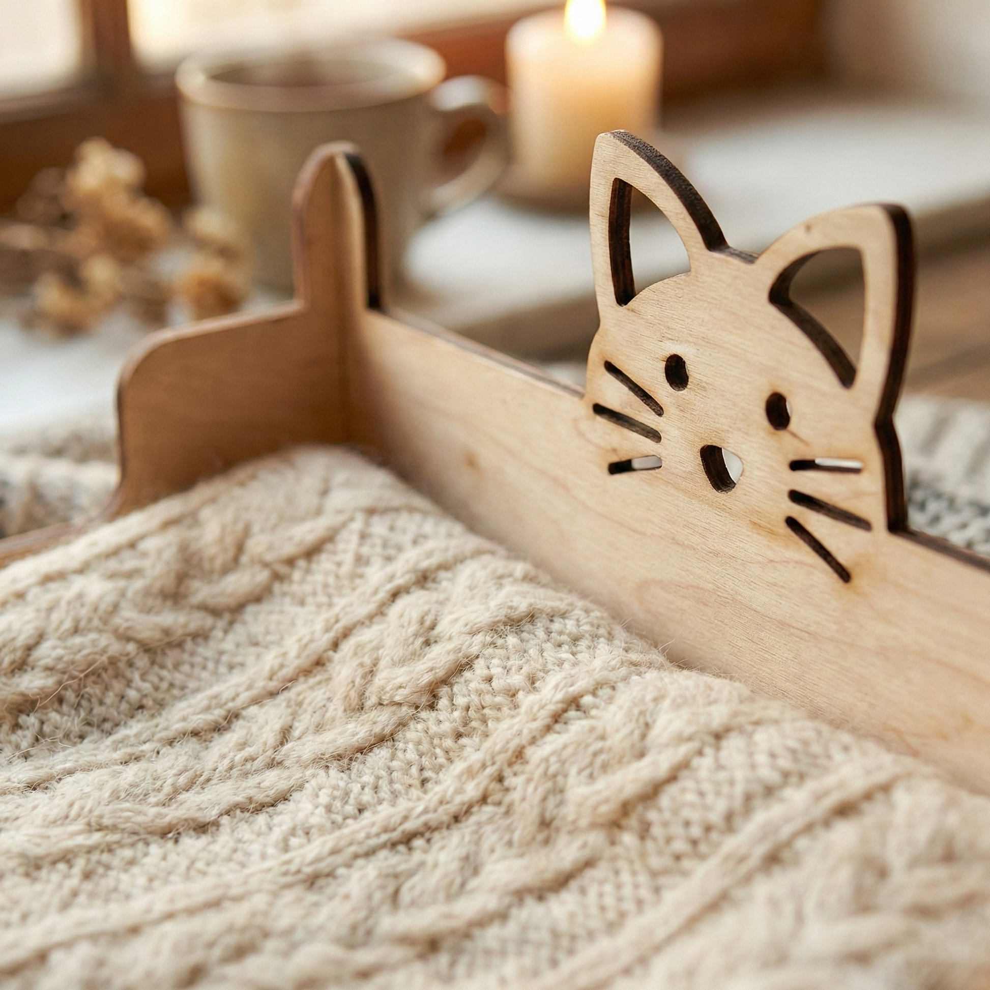 Wooden cat-shaped object on a textured surface with a blurred background