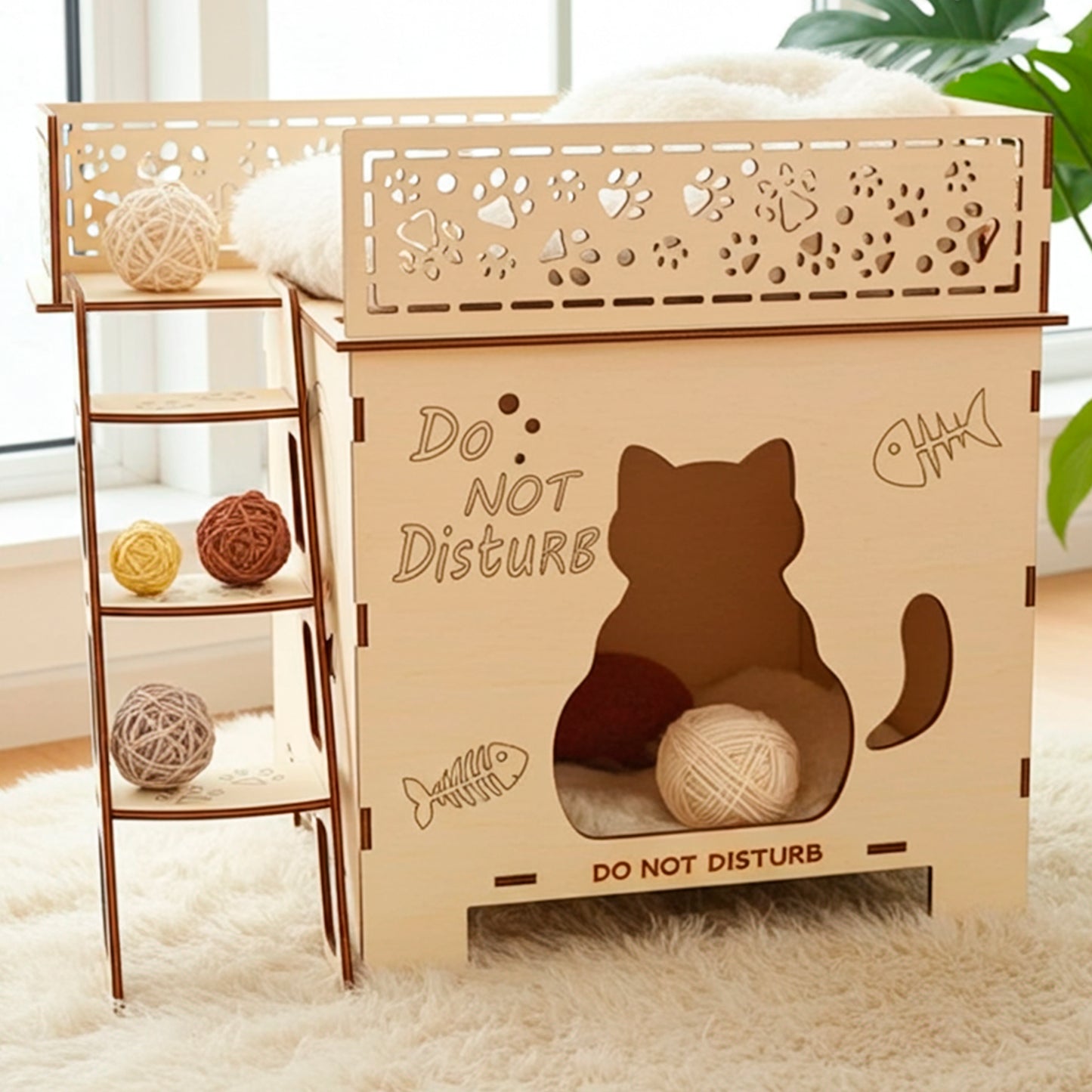Laser cut wooden plywood two-story Cat Home (bunk bed style) with stairs leading to a sleeping platform and a lower hideaway. The light plywood structure features engraved cat silhouettes, fish bones, and paw prints on the railings and sides, with "Do Not Disturb" text. Displayed on a white fluffy rug with yarn balls, showing its function as a cozy pet gift.