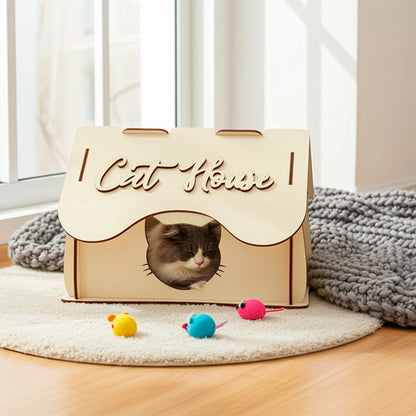 Laser cut wooden plywood Cat House featuring a classic peaked roof design and a decorative cat-shaped entrance cutout. The lightweight plywood structure, suitable as a DIY kit, includes round side windows and an engraved "Cat House" script on the front roof panel. Close-up on a white background.