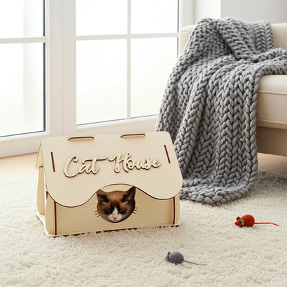 Laser cut wooden plywood Cat House featuring a classic peaked roof design and a decorative cat-shaped entrance cutout. The lightweight plywood structure, suitable as a DIY kit, includes round side windows and an engraved "Cat House" script on the front roof panel. Close-up on a white background.