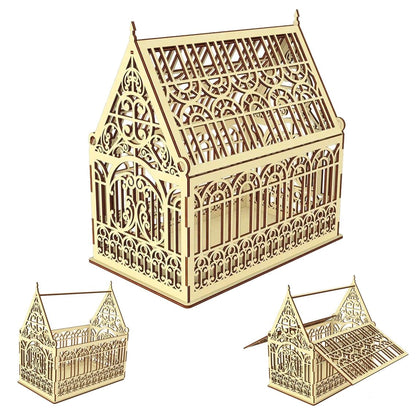 a wooden birdcage with intricate designs and patterns, including a full-sized birdcage and a smaller, smaller version of the same design.