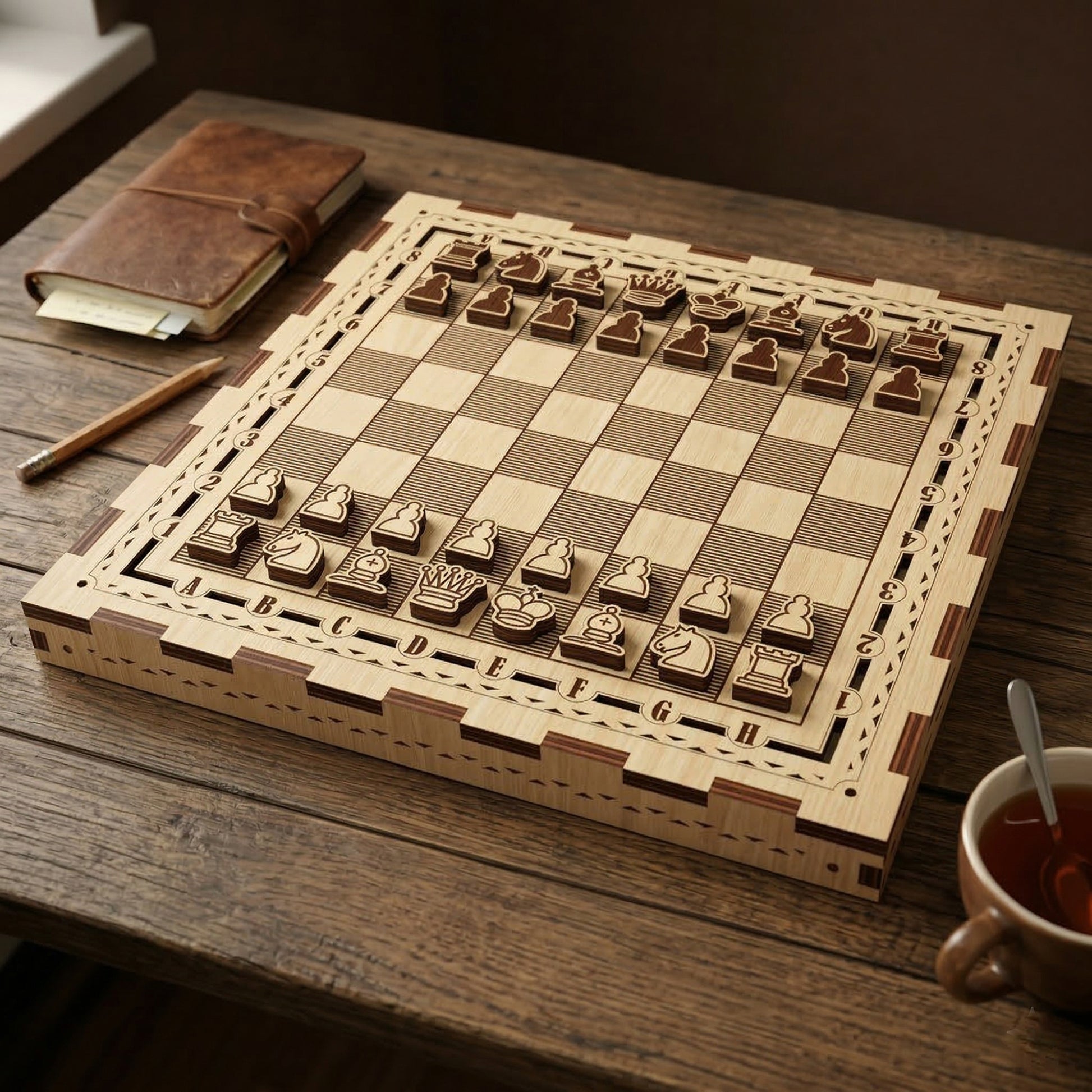 2-in-1 laser cut plywood chess set. Silhouette-style pieces are arranged on a wooden board with coordinate markings and finger-joint edges. Natural wood grain is visible. Resting on a rustic desk with a leather notebook and cup of tea.