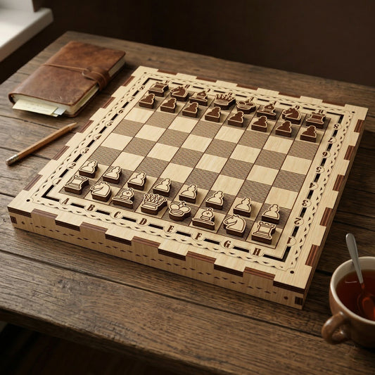 2-in-1 laser cut plywood chess set. Silhouette-style pieces are arranged on a wooden board with coordinate markings and finger-joint edges. Natural wood grain is visible. Resting on a rustic desk with a leather notebook and cup of tea.