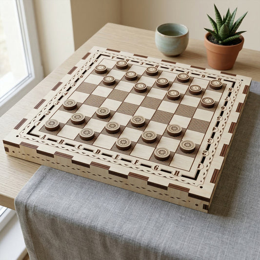 Laser cut plywood checkers set on a matching wooden board. Round checkers feature detailed engraved patterns. The board has decorative borders and coordinate letters. Styled on a table with a grey linen runner and a small potted succulent.