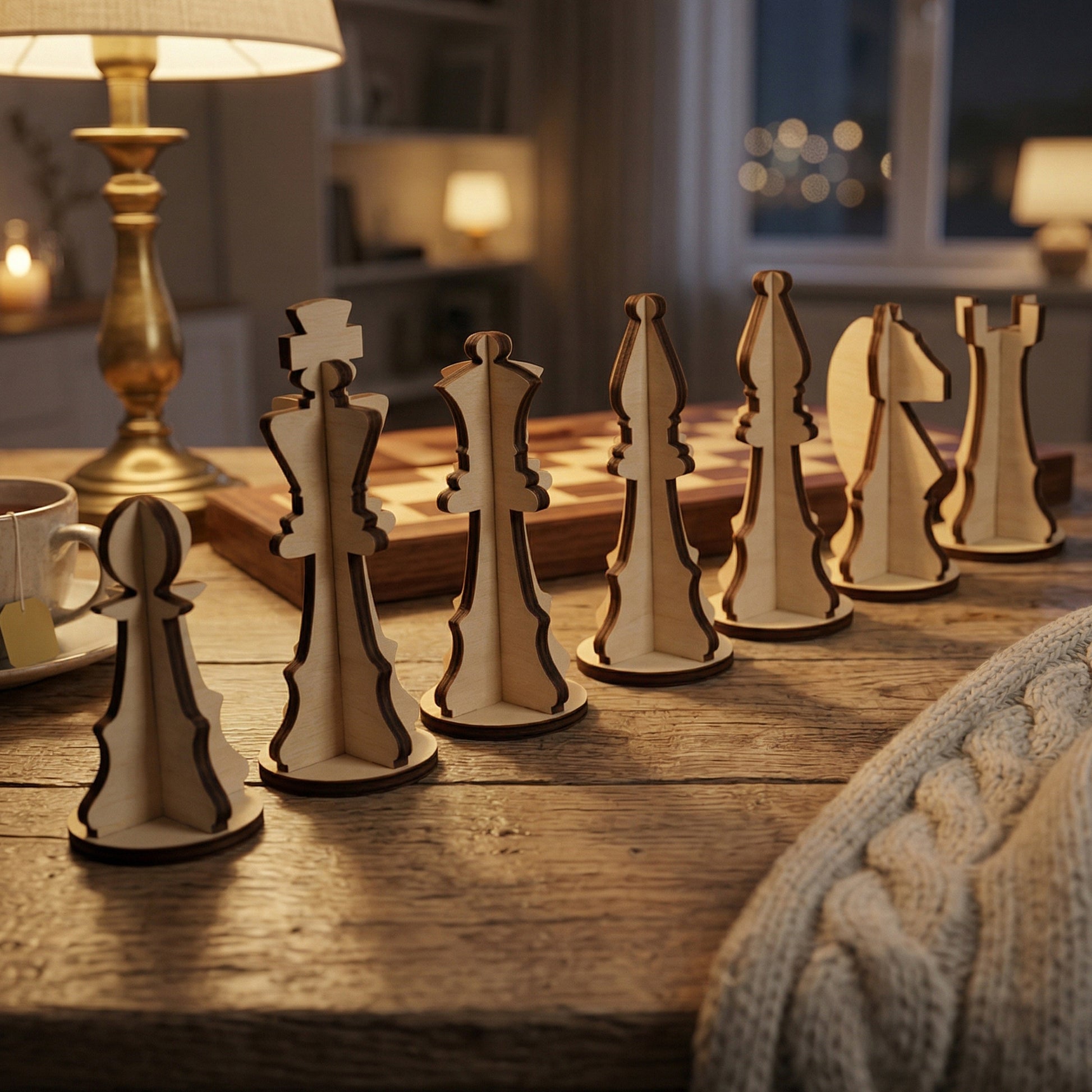 A row of 3D laser-cut wooden chess pieces including a pawn, king, queen, bishops, knight, and rook. Handcrafted from light plywood with dark burnt edges and an interlocking slot design. Posed on a rustic table with a warm desk lamp and tea.