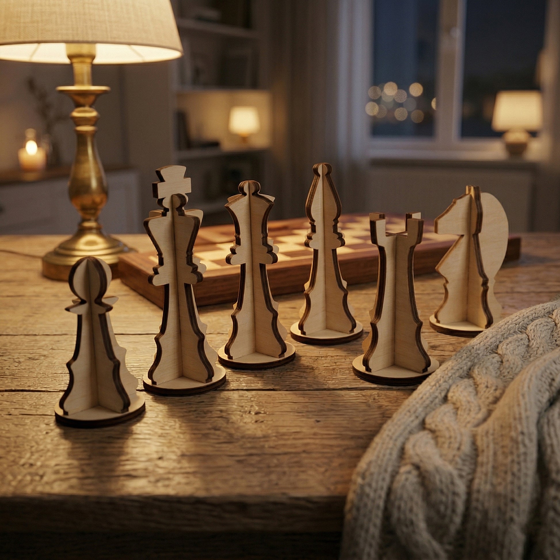 Six interlocking wooden chess figures standing on a wooden surface. The 3D plywood design shows the silhouettes of the king, queen, and major pieces. A cozy background features a soft lamp and a wooden chessboard, perfect for minimalist home decor.