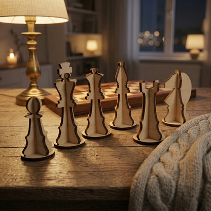 Six interlocking wooden chess figures standing on a wooden surface. The 3D plywood design shows the silhouettes of the king, queen, and major pieces. A cozy background features a soft lamp and a wooden chessboard, perfect for minimalist home decor.