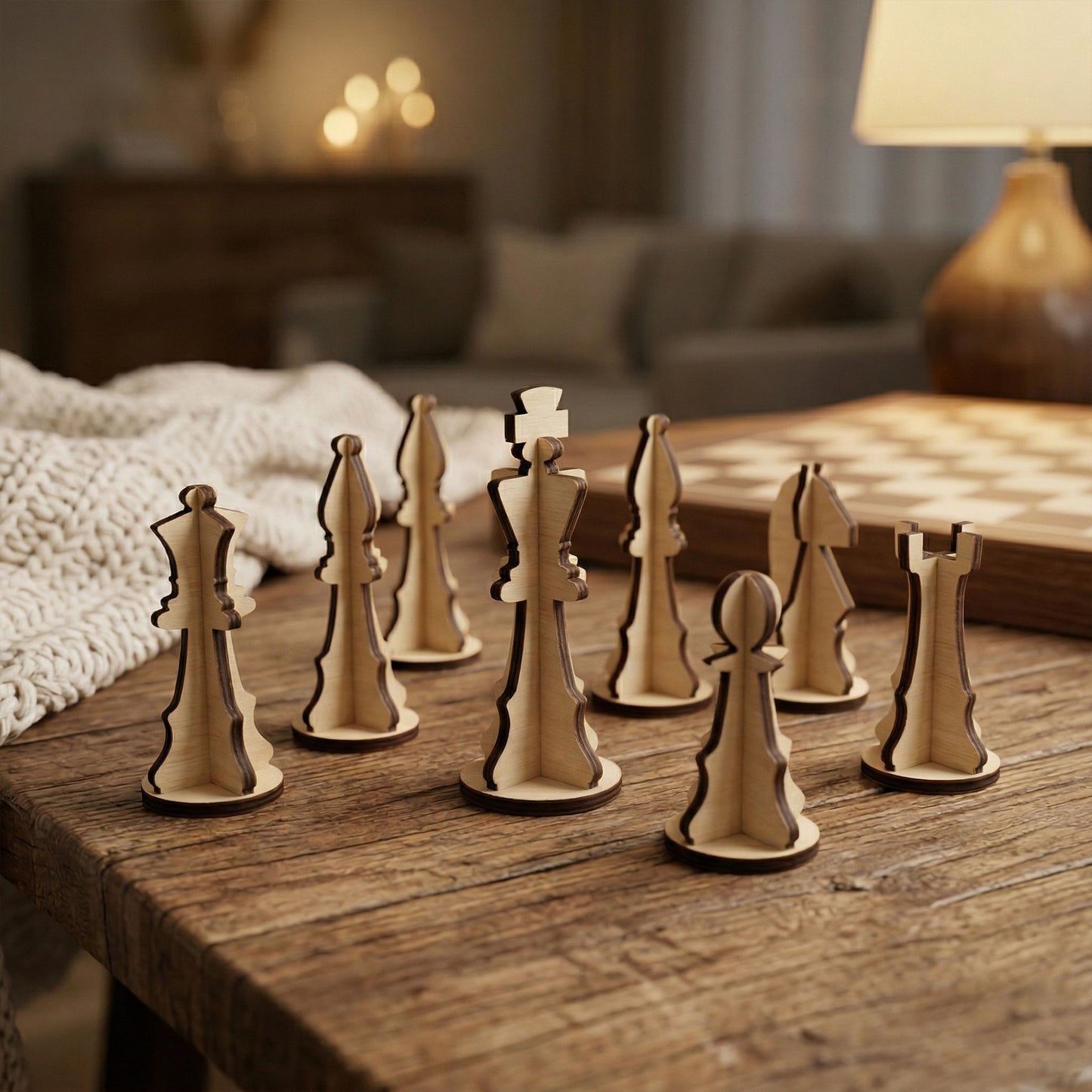 Close-up of an arrangement of 3D laser-cut plywood chess pieces on a desk. The image emphasizes the unique interlocking construction and natural wood grain. Styled in a home setting with a knitted blanket and chessboard in the background.