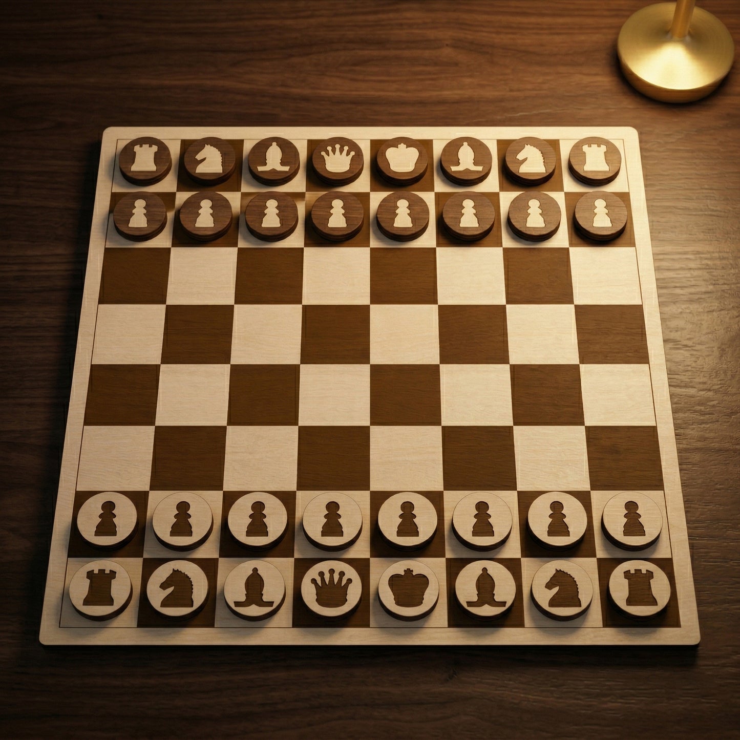 A full laser cut plywood chess set on a dark wood table. Features a checkered board with light and dark squares and circular discs as pieces with engraved silhouette icons. Warm lighting highlights the natural wood grain and textures.
