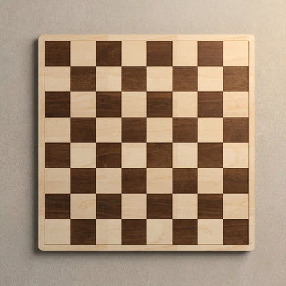 Top-down view of a square laser cut plywood chess board. The board features high-contrast light and dark wood squares with rounded corners. The natural grain is visible throughout the smooth surface, creating a modern, minimalist look.