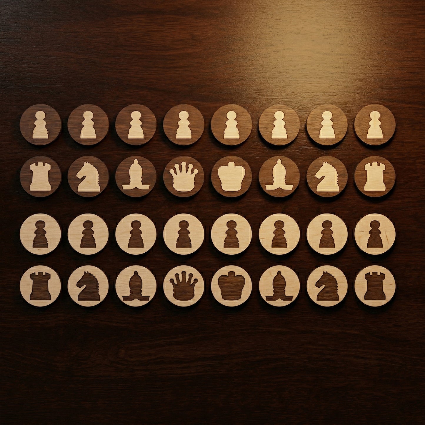 Circular laser cut plywood chess pieces arranged in four rows. The set includes light and dark wood discs with inverted engraved silhouette icons for all pieces. Highlights the precise craftsmanship and contrasting natural wood tones.