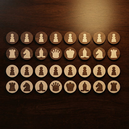 Circular laser cut plywood chess pieces arranged in four rows. The set includes light and dark wood discs with inverted engraved silhouette icons for all pieces. Highlights the precise craftsmanship and contrasting natural wood tones.