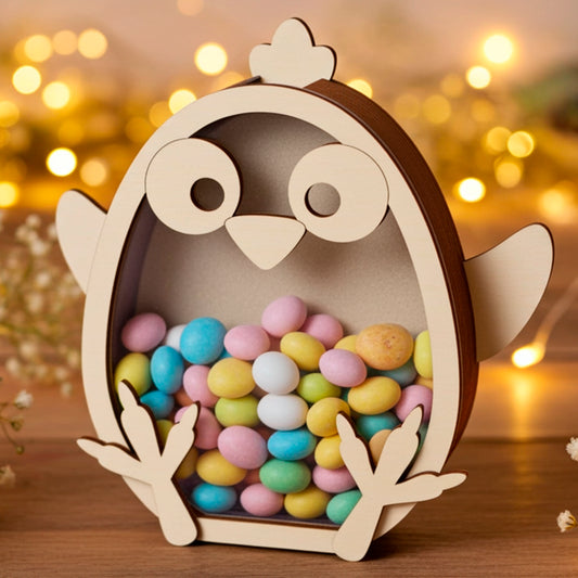 Laser cut plywood wooden chicken coin bank or candy box, filled with colorful pastel Easter chocolate eggs, sitting on a rustic table with soft, golden fairy lights and baby's breath flowers in the warm background.