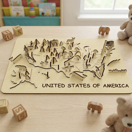 A frontal view of a children's 3D USA map crafted from laser-cut plywood. The map features standing wooden icons of animals, mountains, and landmarks like the Golden Gate Bridge and Statue of Liberty. Alphabet blocks and wooden toy animals surround the map on a bright playroom table.