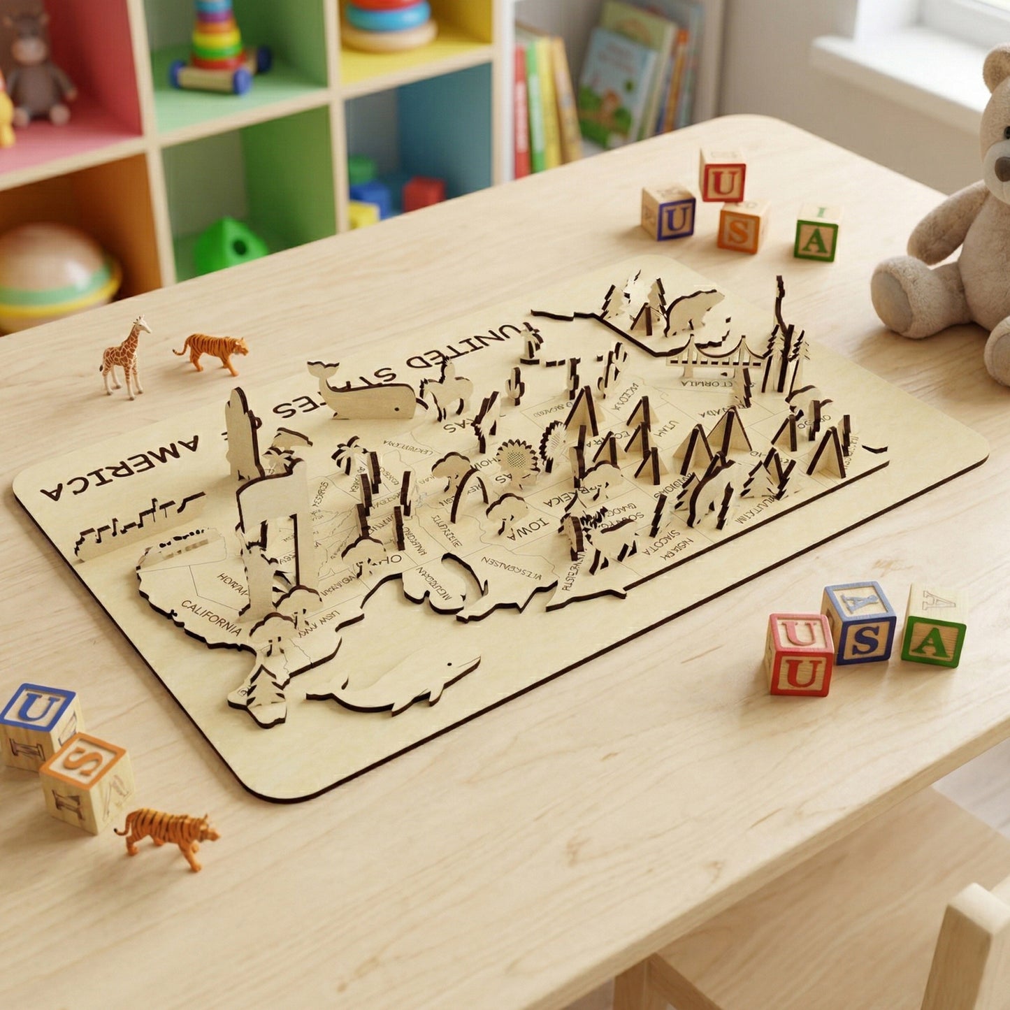 A high-angle perspective of a wooden 3D United States map for kids. The laser-cut plywood base holds various upright icons, including the American flag, bison, and pine trees. The educational toy is set on a wooden table alongside alphabet blocks, a teddy bear, and small plastic toy animals.