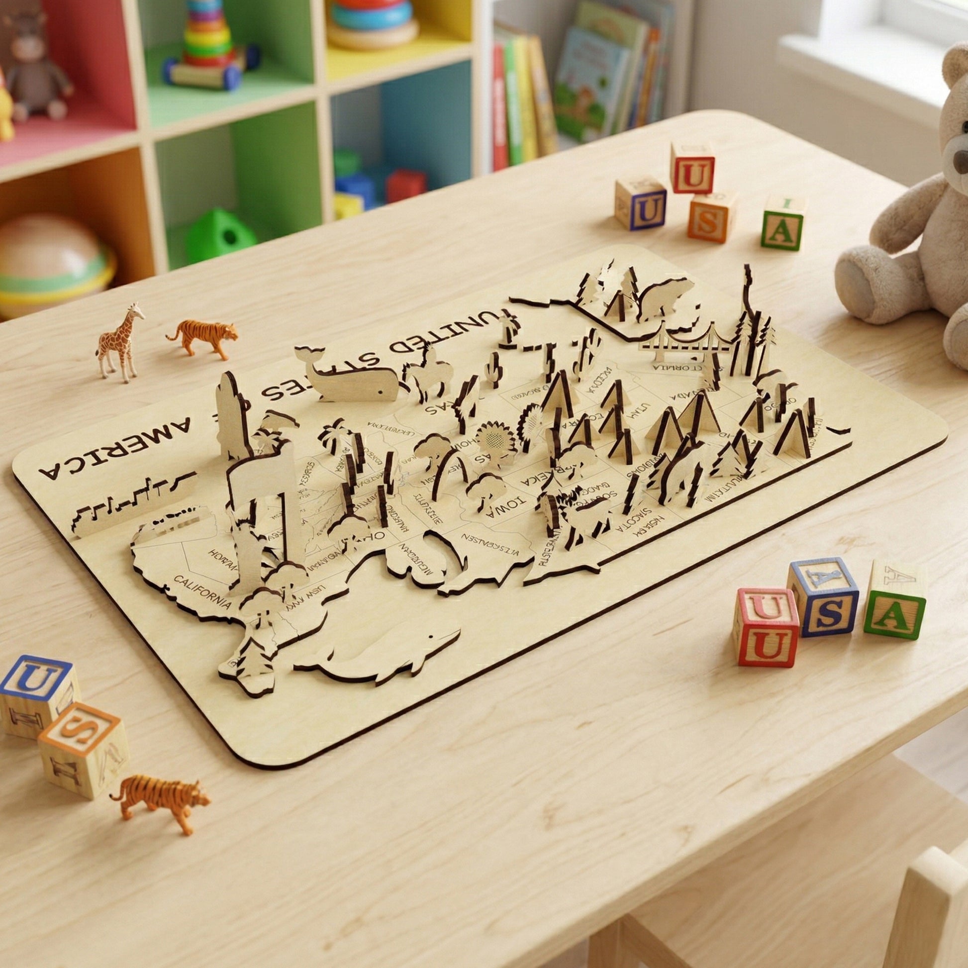 A high-angle perspective of a wooden 3D United States map for kids. The laser-cut plywood base holds various upright icons, including the American flag, bison, and pine trees. The educational toy is set on a wooden table alongside alphabet blocks, a teddy bear, and small plastic toy animals.