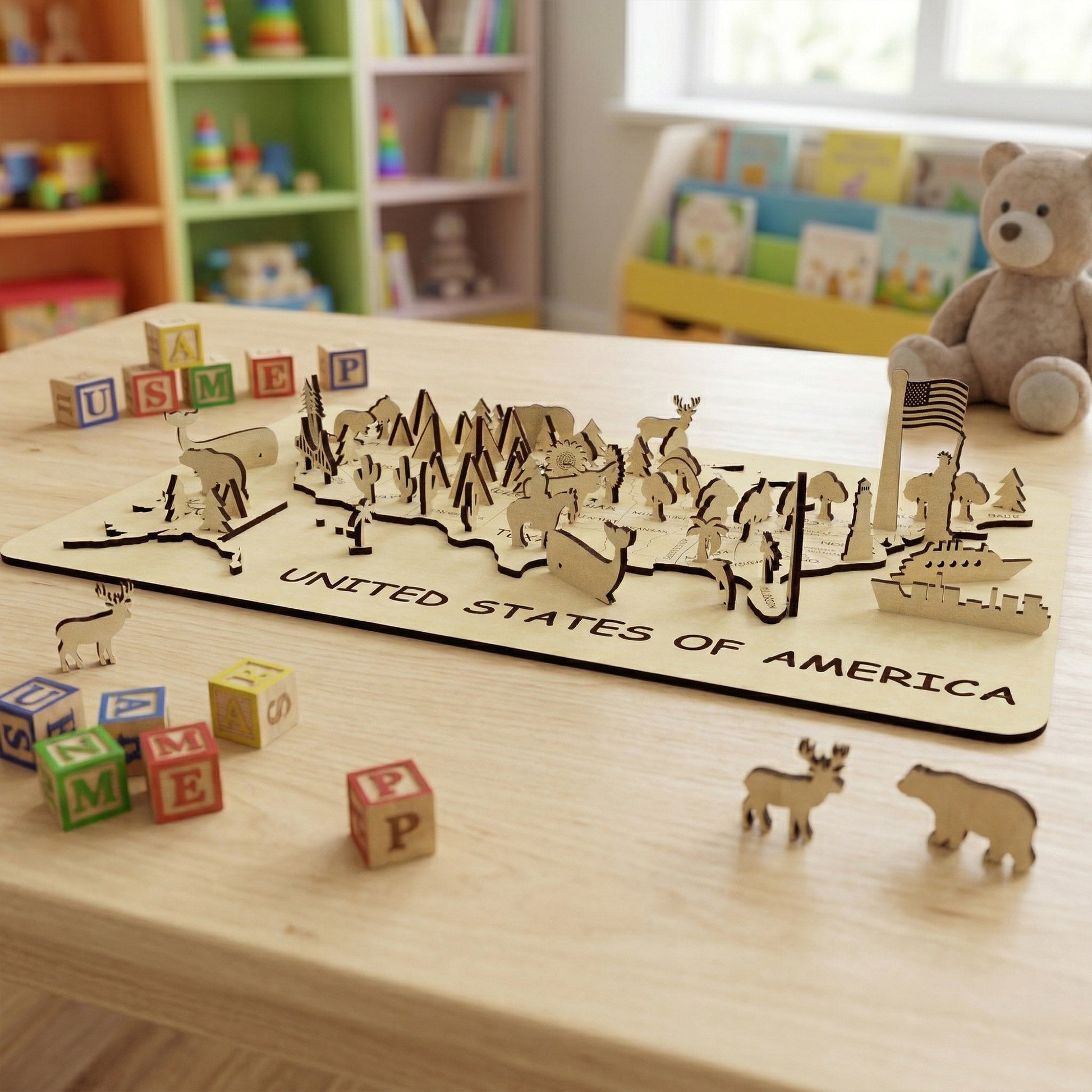 A low-angle close-up of a 3D laser-cut plywood USA map showing detailed standing icons of a lighthouse, a cruise ship, and mountain ranges. The map is displayed in a classroom-style setting with colorful alphabet blocks and children's bookshelves in the blurred background.