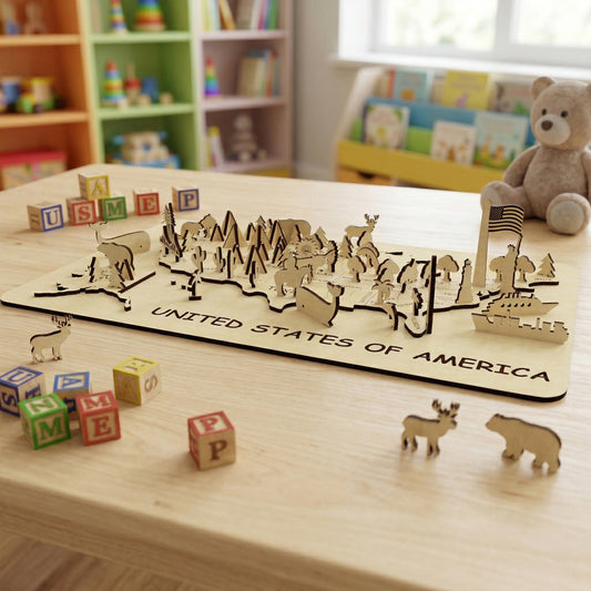 A low-angle close-up of a 3D laser-cut plywood USA map showing detailed standing icons of a lighthouse, a cruise ship, and mountain ranges. The map is displayed in a classroom-style setting with colorful alphabet blocks and children's bookshelves in the blurred background.