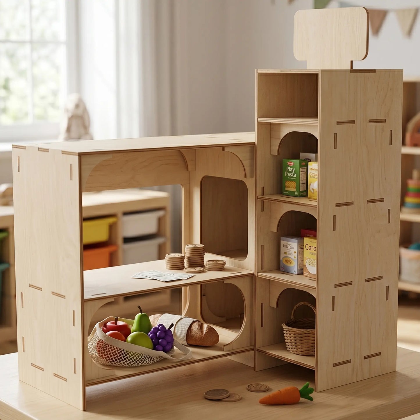 Children's laser cut plywood toy market stall with shelves, play food, and wooden coins in a bright, minimalist playroom