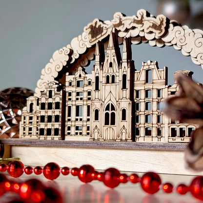 Low-angle close-up shot focusing on the detailed European town architecture of a decorative premium laser cut plywood arch.