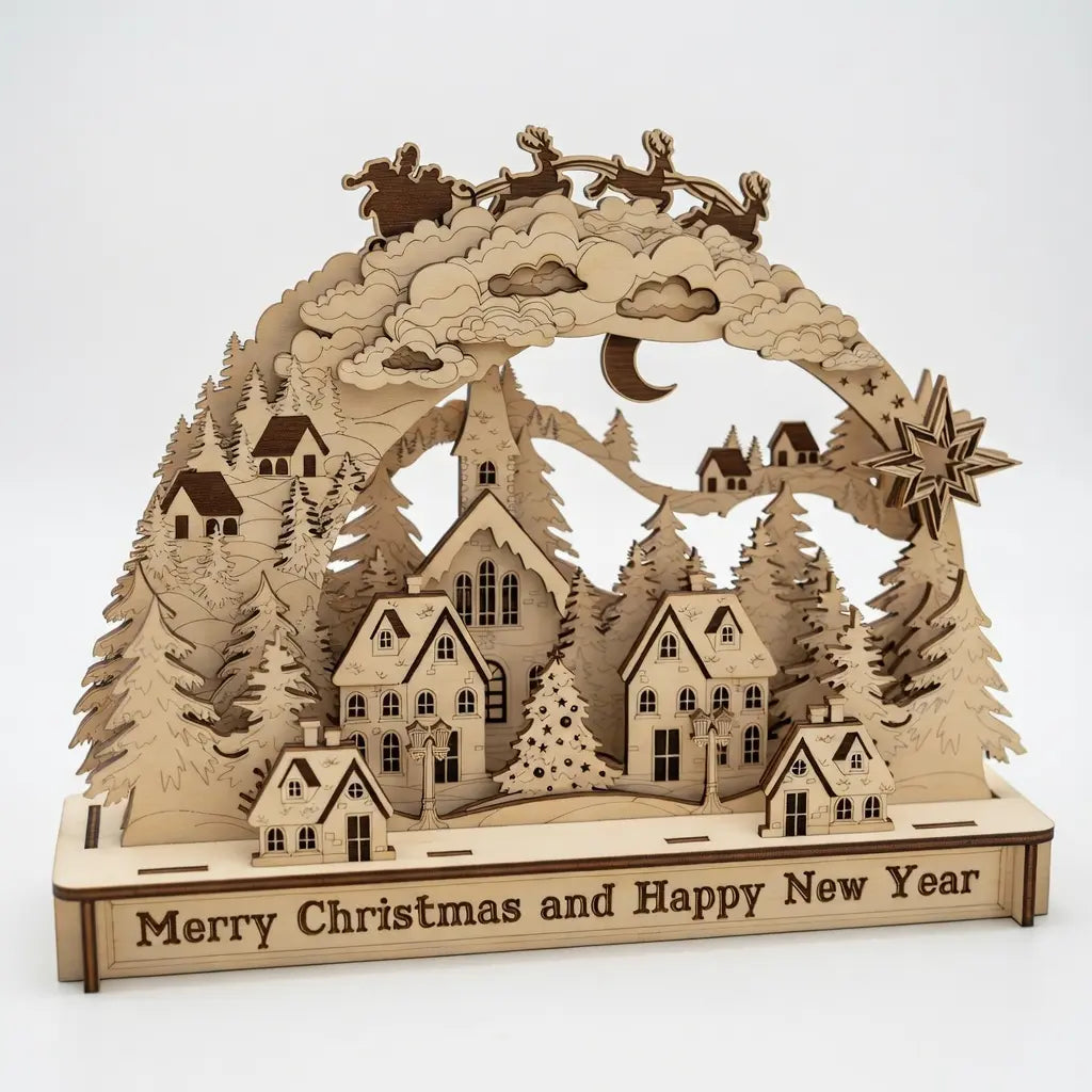 A laser-cut wooden Christmas village tabletop decoration with houses, evergreen trees, a crescent moon, stars, and Santa in a sleigh, on a base engraved with 'Merry Christmas and Happy New Year'.