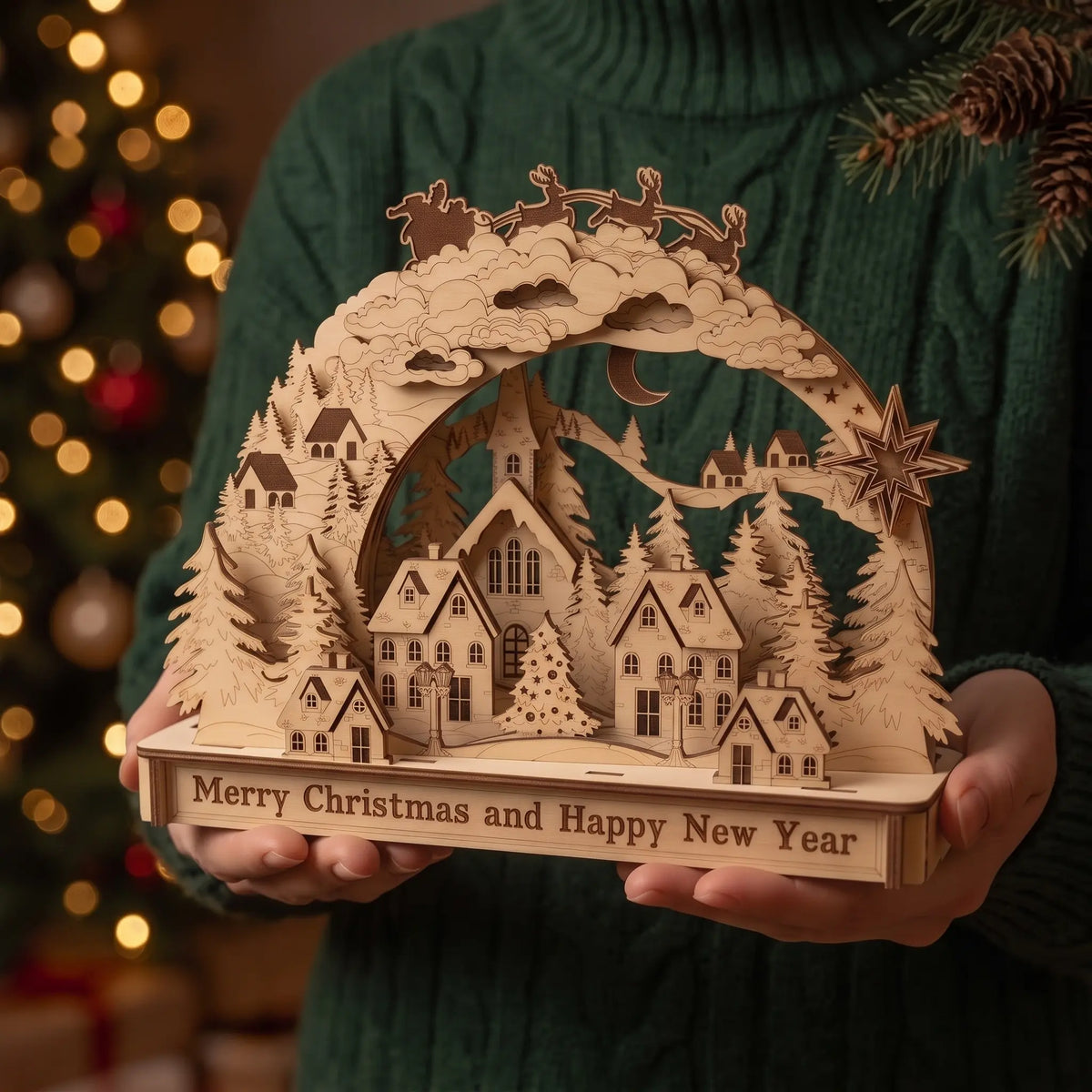 A person in a green sweater holds a laser-cut wooden Christmas village scene with a base that reads 'Merry Christmas and Happy New Year.' The background shows a softly blurred Christmas tree with warm lights.