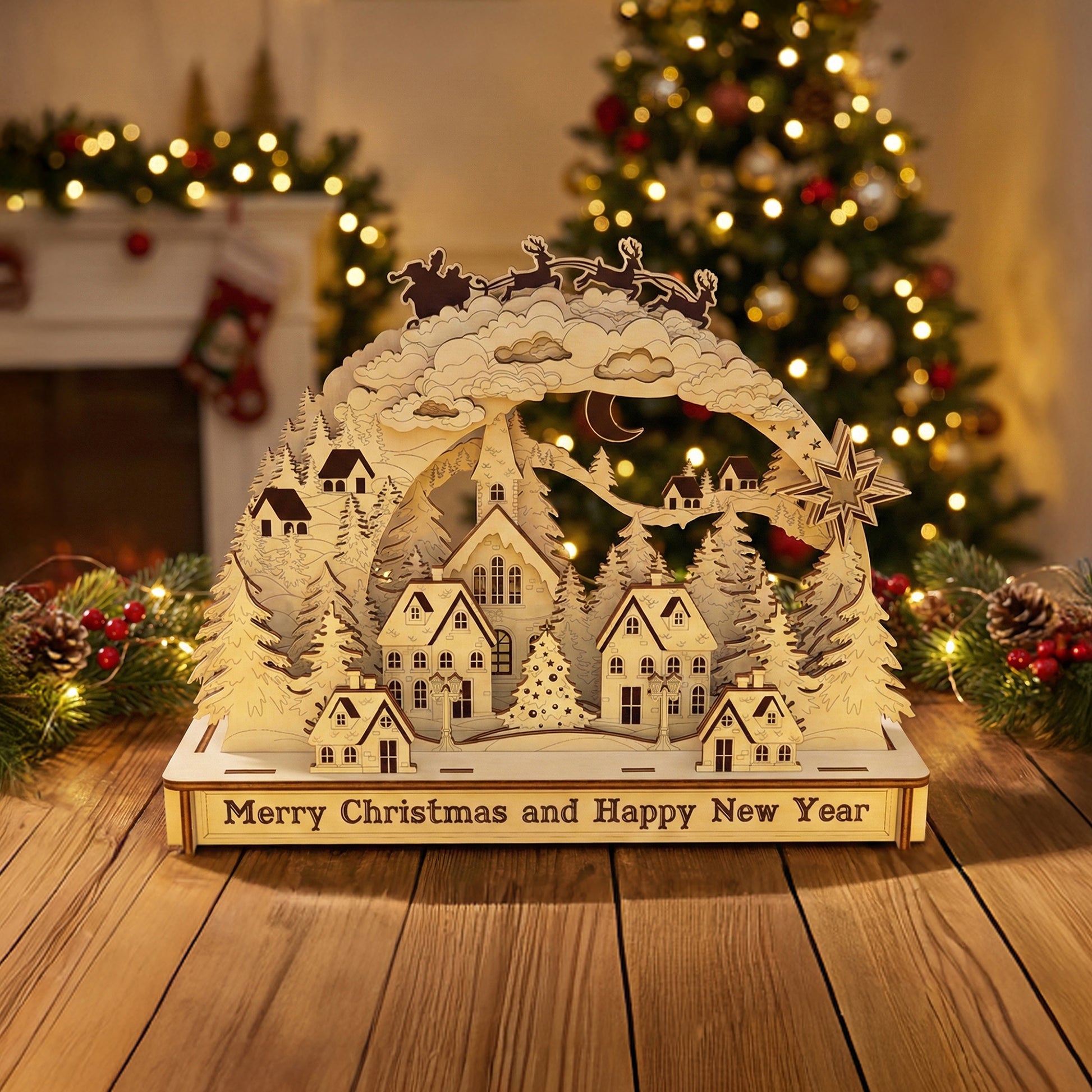 Intricate laser cut wooden Christmas Arch depicting a glowing snowy town scene with pine trees, houses, a church, and Santa with Santa and reindeer in the sky, shown in front of a twinkling holiday tree background.